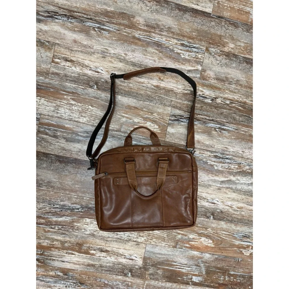 Jack Georges Brown Genuine Leather Laptop Work Bag With Strap Tote Briefcase